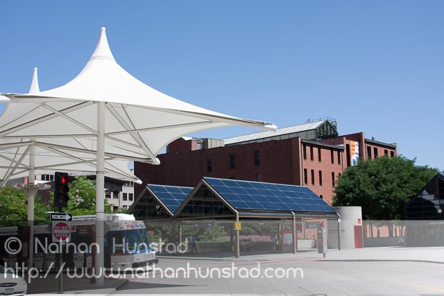 A bus stop in downtown Denver, CO